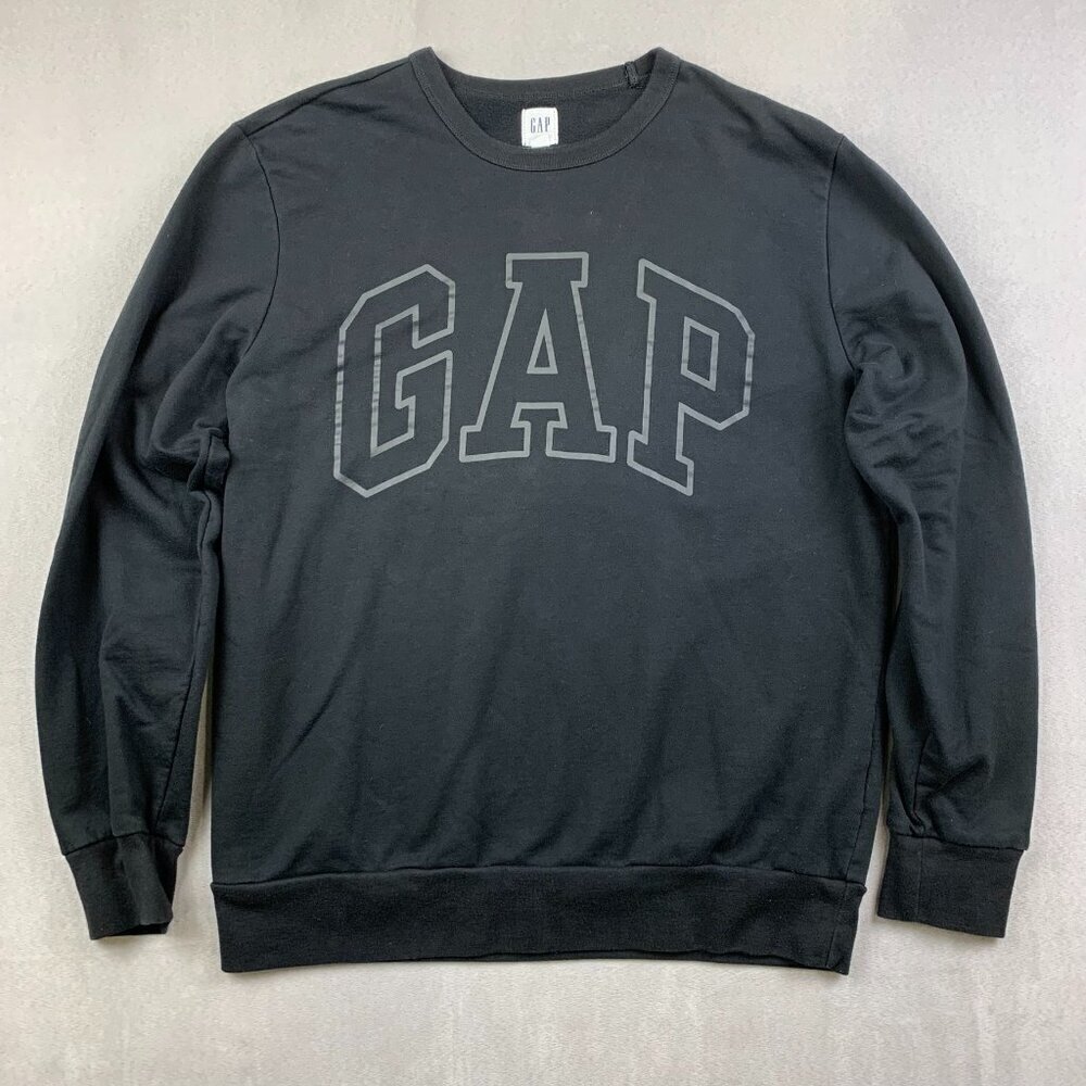 Gap Mens Sweater Large Black Crewneck Long Sleeve Soft Arch Logo Sweatshirt